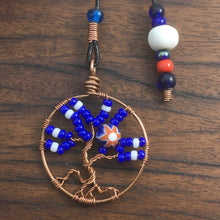 Load image into Gallery viewer, A copper wire tree of life bookmark with red, white and blue beads.