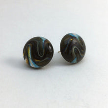 Load image into Gallery viewer, A pair of fused-glass earrings with a swirly pattern.
