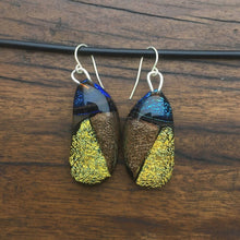 Load image into Gallery viewer, A pair of fused-glass earrings with dichroic sections.
