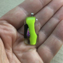 Load image into Gallery viewer, A green and clear fused-glass pendant with dichroic features.
