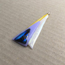 Load image into Gallery viewer, A yellow, white and lilac fused-glass pendant with dichroic features.
