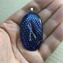 Load image into Gallery viewer, A blue fused-glass pendant with dichroic dots.
